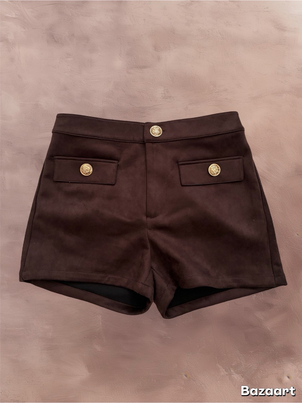 Sincerely Jules Brown High-Waist Shorts with Gold Buttons